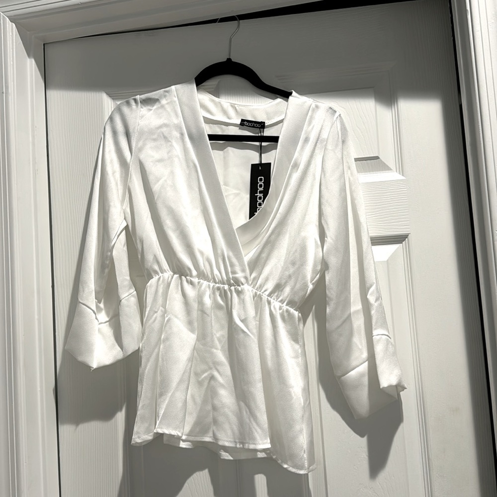 Boohoo Cream Satin Crepe Wrap Kimono Blouse